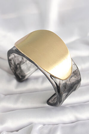 Siyah Mermer Desen Akrilik Plastik Gold Oval Plaka Model Vintage Kadın Bilezik