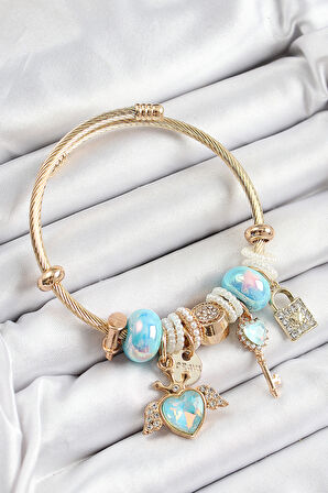 316L Çelik Mavi Zirkon Taşlı Kilit Anahtar Ve Kalp Model Gold Renk Charm BileklikCharm Bileklik