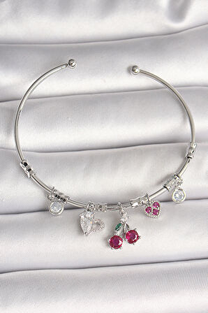 Pirinç Gümüş Renk Sallantı Kiraz Figür Kalp Detay Charm Kadın Bileklik