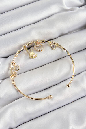 Pirinç Zirkon Taşlı Tavşan Ve Kalp Model Gold Renk Charm Bileklik