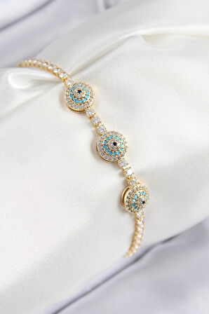 Pirinç Zirkon Taşlı Nazar Model Gold Renk Kadın Bileklik