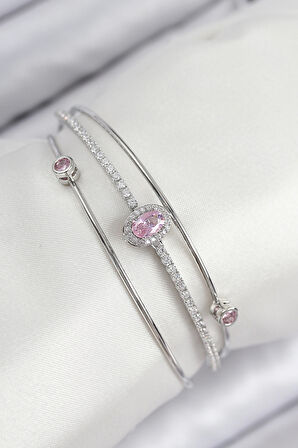 Pirinç Zirkon Taşlı Baget Model Gümüş Renk Kadın Bileklik