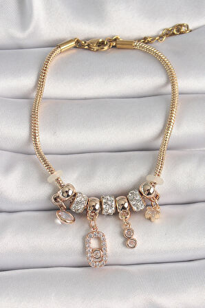 Pirinç Gold Renk Zincir Sallantı Zirkon Taşlı Messika Figür Yıldız Detay Kadın Bileklik