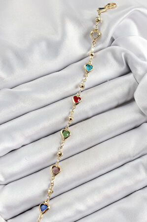 Pirinç Asorti Kalp Model Gold Renk Zirkon Taşlı Kadın Bileklik