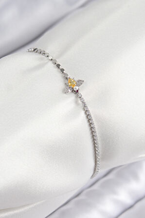 Pirinç Zirkon Taşlı Arı Model Ezme Zincir Gümüş Renk Kadın Bileklik