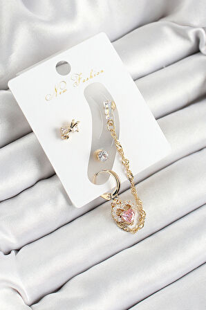 Pirinç Fiyonk ve Kalp Figürlü Zirkon Taşlı Gold Renk 3'lü Kıkırdak Kadın Küpe Set - TJ-BKP10666