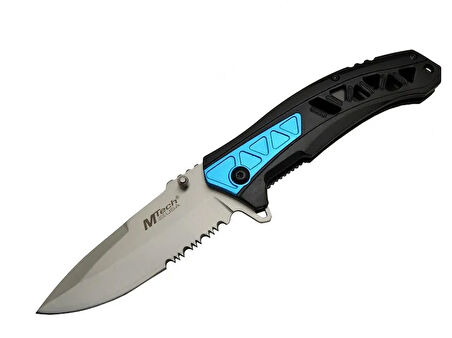 Mtech 4193 Mavi Kamp Çakı 21cm - Yarı Otomatik, Kemerlikli, Testere Detaylı, Desenli Sap