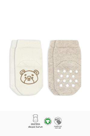 Bistyle Hayvan Figürlü Kaymaz Soket Çorap 2'Li BS10104 Bej Ekru