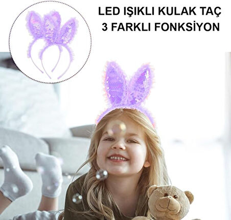  Kenarları Dantelli Mor Pullu Payetli Led Işıklı Tavşan Kulak Taç 23x19 cm