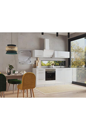 Almora Hazır Mutfak Dolabı 220cm - Parlak-Beyaz Laminat Tezgah Dahil-