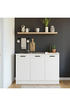 Tarkan Hazır Mutfak Dolabı -Alt Modül-Çok Amaçlı Dolap -120 cm Beyaz Ve Laminat Beyaz Tezgah Dahil