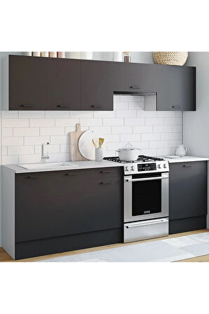 Vena Hazır Mutfak Dolabı 240 Cm -Beyaz Laminat Tezgah Dahil-Antrasit-Mat