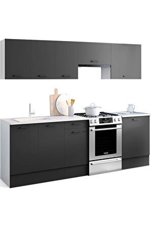 Vena Hazır Mutfak Dolabı 240 Cm -Beyaz Laminat Tezgah Dahil-Antrasit-Mat