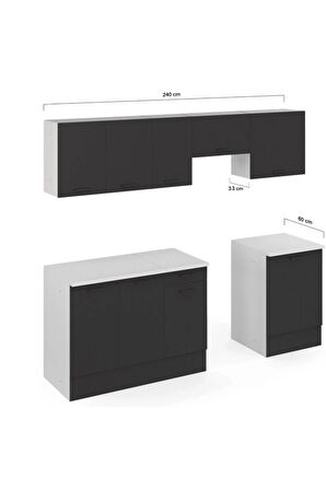 Vena Hazır Mutfak Dolabı 240 Cm -Beyaz Laminat Tezgah Dahil-Antrasit-Mat
