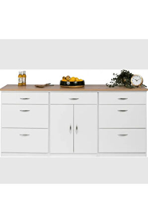 Zei Mutfak Çekmeceli Alt Modül 180 Cm Beyaz- Tezgah Dahil-Çok Amaçlı Dolap-Kahve Köşesi-Mat