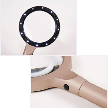 12 Led Işıklı 10X Büyüteç Yaşlılar Ve Çocuklar Için Okuma Saplı Metal Büyüteç 8013