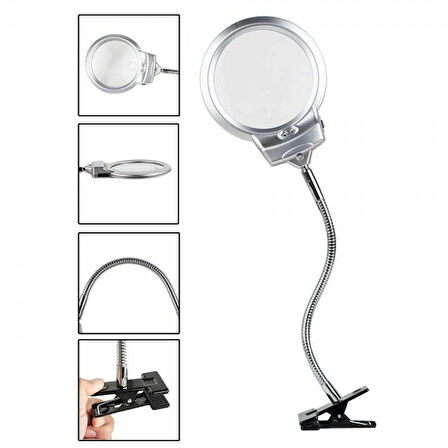 2.5X130 Mm 5X24 Mm Led Aydınlatmalı Büyüteç Masa Üstü Metal Hortum Mandallı Mg15124-C