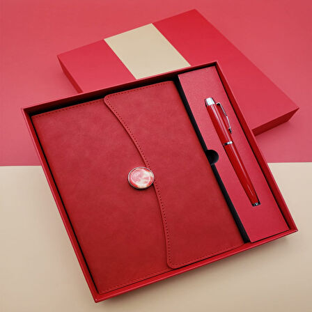 Çizgili Defter Ve Metal Kalem Seti Kırmızı