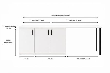 Bal Mutfak Adası - 3 Kapaklı-Çok Amaçlı Dolap-Alt Modül-Kiler - 250 cm