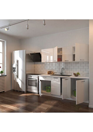 Tdesigno Rüya Hazır Mutfak Dolabı-200 Cm - Parlak Beyaz - Tezgah Dahil - Değil