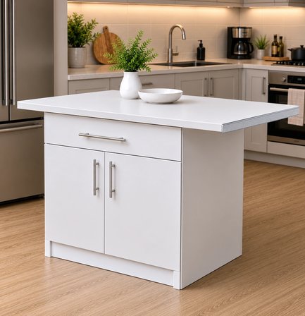 Korn Mutfak 1 Çekmeceli 2 Kapaklı Mutfak Adası-Alt Modül 130 cm - Çok Amaçlı Dolap -Beyaz Laminat Tezgah Dahil