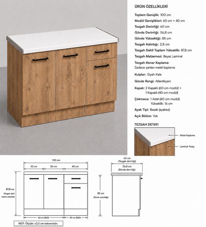 Lark Mutfak 3 Kapaklı 1 Çekmeceli Mutfak Alt Modül 100 cm - Çok Amaçlı Dolap -Beyaz Laminat Tezgah Dahil