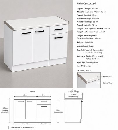 Lark Mutfak 3 Kapaklı 1 Çekmeceli Mutfak Alt Modül 100 cm - Çok Amaçlı Dolap -Beyaz Laminat Tezgah Dahil