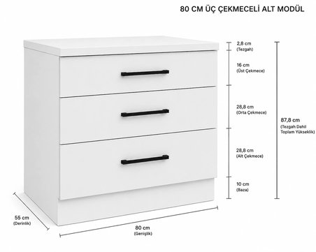 Şah Mutfak 3 Çekmeceli Alt Modül 80 cm - Çok Amaçlı Dolap - Beyaz Laminat Tezgah Dahil