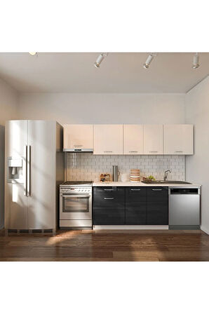 Loşna Hazır Mutfak Dolabı 260 cm-Beyaz Laminat Tezgah Dahil-Bulaşık Makinesi Yeri Mevcut-Parlak