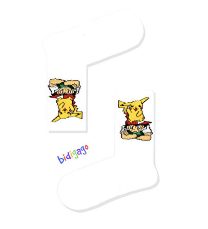 Pokemon Pikachu ve Ash Beyaz Atletik Çorap