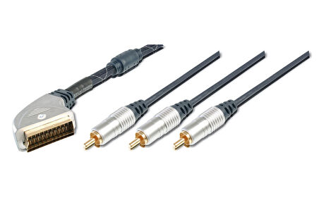 Ev Sinema Sistemleri İçin Yüksek Kaliteli Scart Kablosu, Scart 21 pin Erkek &lt;=&gt; 3 x RCA Erkek (1 x görüntü (video için) , 2 x ses (audio için), Ferrite Filtreli, 1.50 Metre