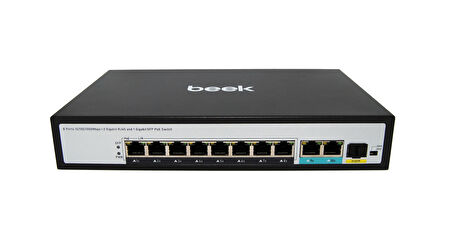 Beek Yönetilemeyen PoE+ Switch8 x 10/100/1000BASE-T IEEE802.3af/at PoE+ port (Port başına 30.8 watt) (PoE Güç Bütçesi maks. 120 Watt)2 x 10/100/1000BASE-T port (combo)