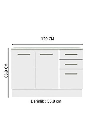 Yale Mutfak Alt Modül 3 Çekmeceli -2 Kapaklı-120 Cm -tezgah Dahil
