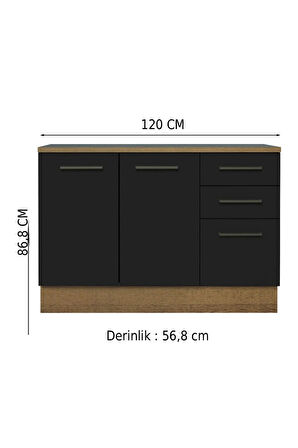 Yale Mutfak Alt Modül 3 Çekmeceli -2 Kapaklı-120 Cm -tezgah Dahil