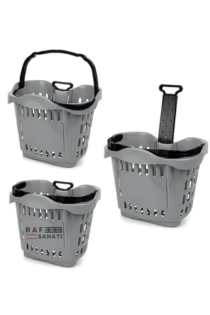 10 Adet - 43 LT Tekerlekli Market Sepeti | Plastik Alışveriş Sepeti Ergonomik Çift Saplı Gri
