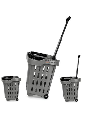 10 Adet - 43 LT Tekerlekli Market Sepeti | Plastik Alışveriş Sepeti Ergonomik Çift Saplı Gri