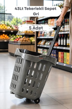 5 Adet - 43 LT Tekerlekli Market Sepeti | Plastik Alışveriş Sepeti Ergonomik Çift Saplı Gri