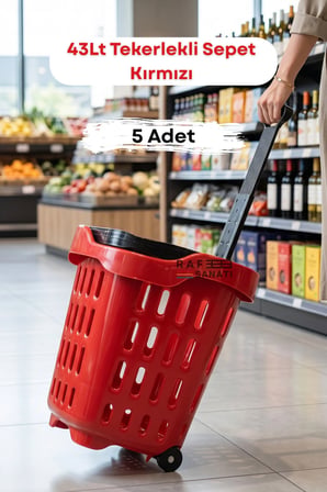 5 Adet - 43 LT Tekerlekli Market Sepeti | Plastik Alışveriş Sepeti Ergonomik Çift Saplı Kırmızı