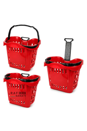 5 Adet - 43 LT Tekerlekli Market Sepeti | Plastik Alışveriş Sepeti Ergonomik Çift Saplı Kırmızı