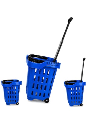 5 Adet - 43 LT Tekerlekli Market Sepeti | Plastik Alışveriş Sepeti Ergonomik Çift Saplı Mavi