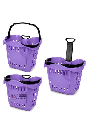 5 Adet - 43 LT Tekerlekli Market Sepeti | Plastik Alışveriş Sepeti Ergonomik Çift Saplı Mor