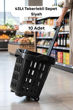10 Adet - 43 LT Tekerlekli Market Sepeti | Plastik Alışveriş Sepeti Ergonomik Çift Saplı Siyah