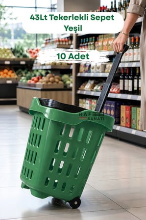 10 Adet - 43 LT Tekerlekli Market Sepeti | Plastik Alışveriş Sepeti Ergonomik Çift Saplı Yeşil