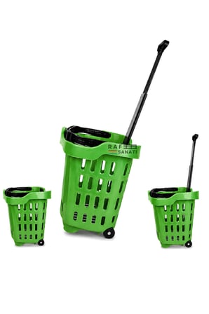 5 Adet - 43 LT Tekerlekli Market Sepeti | Plastik Alışveriş Sepeti Ergonomik Çift Saplı Yeşil