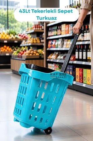 43 LT Tekerlekli Market Sepeti | Plastik Alışveriş Sepeti Ergonomik Çift Saplı Turkuaz