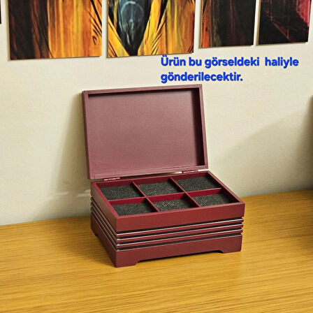  Ahşap 6 Bölmeli Saat Kutusu Dekoratif Özel Boyalı Bordo Saat Aksesuar Organizeri