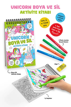 Unicorn Boya ve Sil Aktivite Kitabı | 4 Renk Jumbo Keçeli Kalem ve Silgi Hediyeli