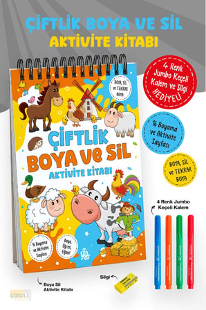 Çiftlik Boya ve Sil Aktivite Kitabı | 4 Renk Jumbo Keçeli Kalem ve Silgi Hediyeli
