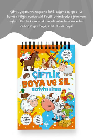 Çiftlik Boya ve Sil Aktivite Kitabı | 4 Renk Jumbo Keçeli Kalem ve Silgi Hediyeli