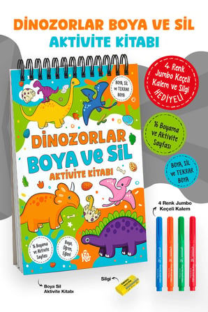 Dinozorlar Boya ve Sil Aktivite Kitabı | 4 Renk Jumbo Keçeli Kalem ve Silgi Hediyeli